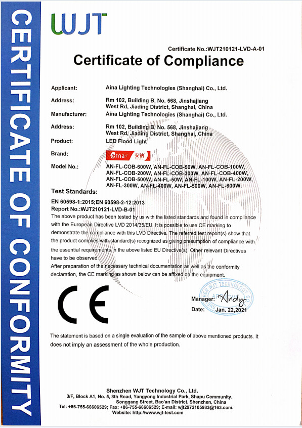 China Aina Lighting Technologies (Shanghai) Co., Ltd Certificações